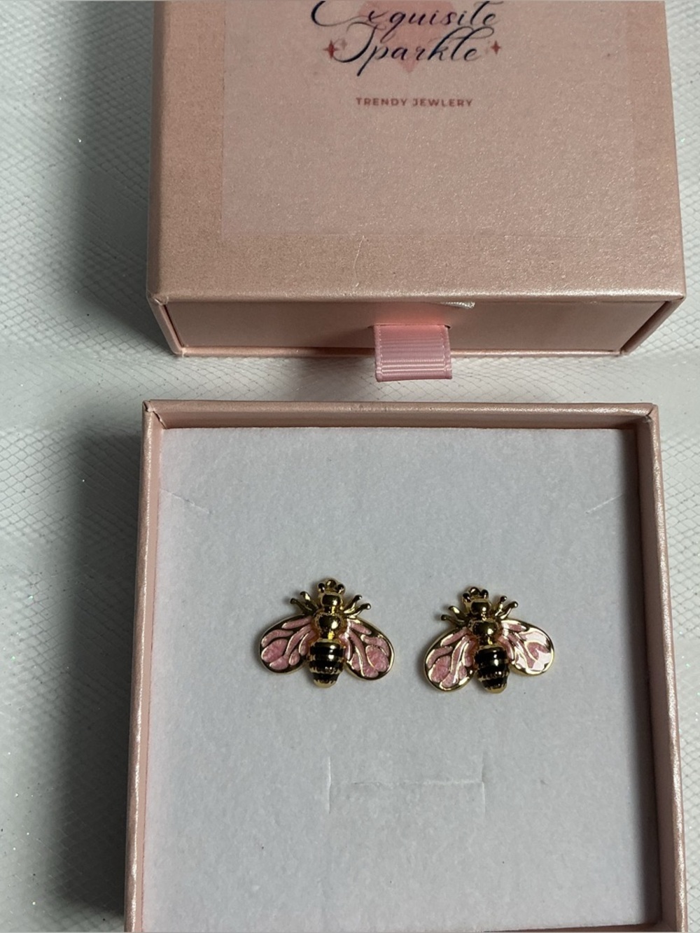 Pink & Black Bee Earrings Hand Painted Enamel Hypoallergenic Post Drop Goldtone - Picture 4 of 16